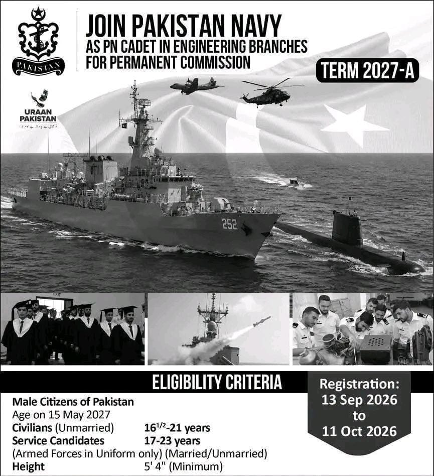 Pakistan Navy PN Cadet 2027-A Engineering Branches recruitment advertisement with eligibility criteria and registration dates
