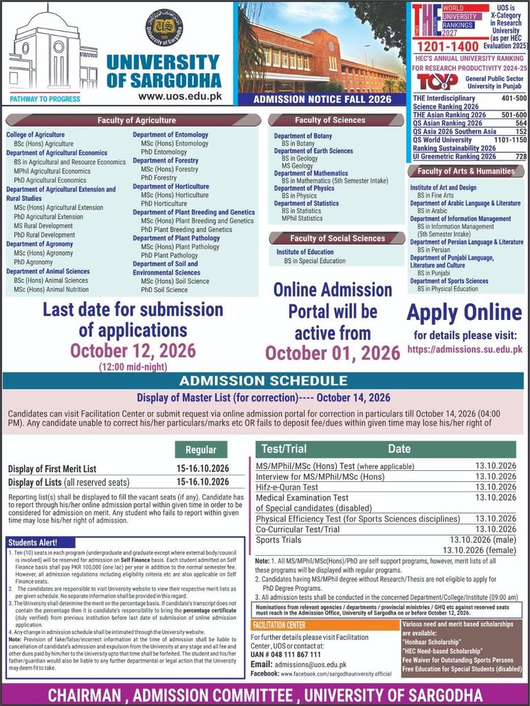 University of Sargodha Admissions Fall 2026 – Programs, Last Date & How to Apply