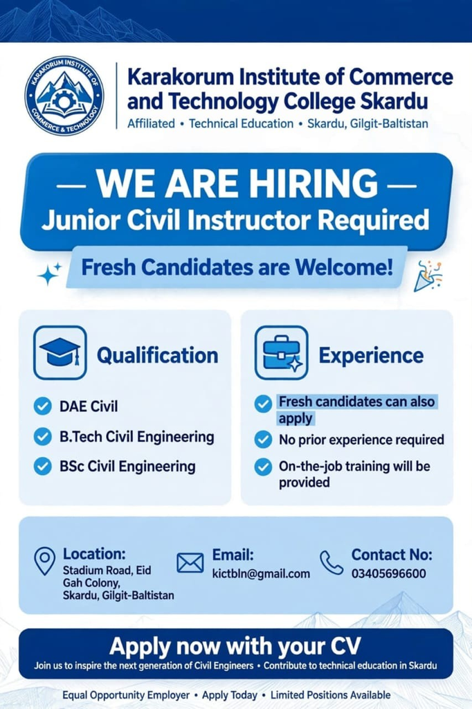 Junior Civil Instructor Job in Skardu – KICT Vacancy